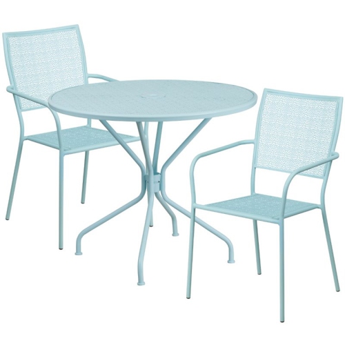 FLASH FURNITURE  3 Piece 35" Round Steel Flower Print Patio Dining Set In Blue