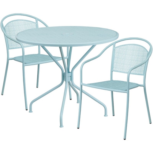 FLASH FURNITURE  3 Piece 35" Round Steel Flower Print Patio Dining Set In Blue