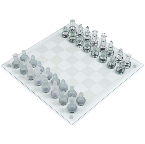 Ensemble d’échecs en verre 35 X 35 cm avec pièces givrées et transparentes et plateau en verre