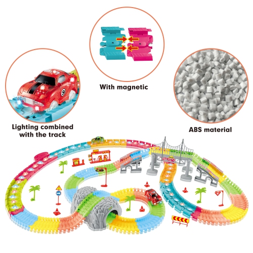 Ensemble de piste de course 2-en-1 de 273 pièces de Magic Tracks, éclairage sombre et DEL