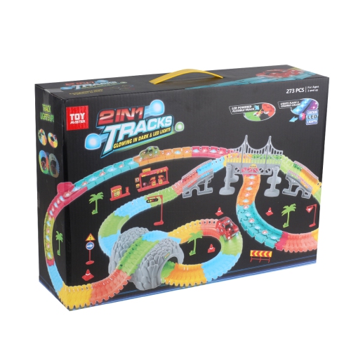 Ensemble de piste de course 2-en-1 de 273 pièces de Magic Tracks, éclairage sombre et DEL