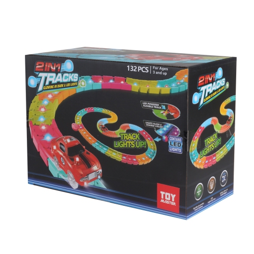 2-in-1 Glow-in-the-Dark & LED Lights Premium Track Set – 132-Piece STEM Toy with Flexible Tracks and Light-Up Race Car