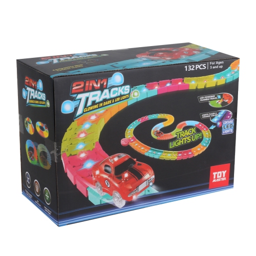 2-in-1 Glow-in-the-Dark & LED Lights Premium Track Set – 132-Piece STEM Toy with Flexible Tracks and Light-Up Race Car