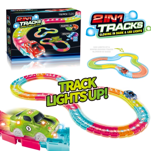 2-in-1 Glow-in-the-Dark & LED Lights Premium Track Set – 132-Piece STEM Toy with Flexible Tracks and Light-Up Race Car
