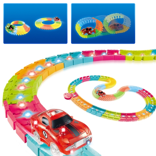 2-in-1 Glow-in-the-Dark & LED Lights Premium Track Set – 132-Piece STEM Toy with Flexible Tracks and Light-Up Race Car