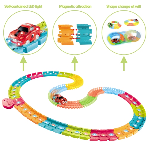 2-in-1 Glow-in-the-Dark & LED Lights Premium Track Set – 132-Piece STEM Toy with Flexible Tracks and Light-Up Race Car