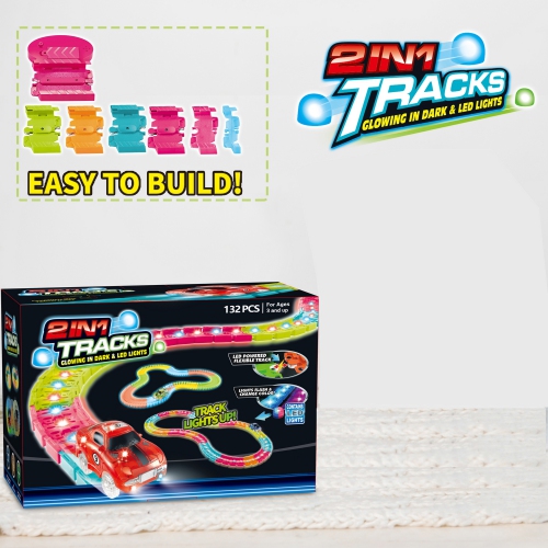 2-in-1 Glow-in-the-Dark & LED Lights Premium Track Set – 132-Piece STEM Toy with Flexible Tracks and Light-Up Race Car