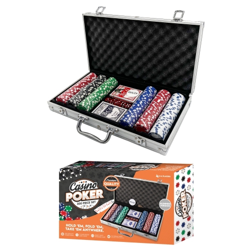 Tradeopia 300 Poker Chips Set with Aluminum Case, Includes 1 Dealer Chip, 2 Deck of Cards, 5 Red Dice, Texas Holdem Poker Set