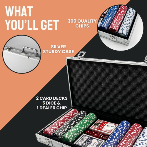 Tradeopia 300 Poker Chips Set with Aluminum Case, Includes 1 Dealer Chip, 2 Deck of Cards, 5 Red Dice, Texas Holdem Poker Set