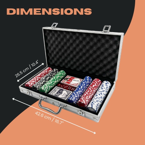 Tradeopia 300 Poker Chips Set with Aluminum Case, Includes 1 Dealer Chip, 2 Deck of Cards, 5 Red Dice, Texas Holdem Poker Set