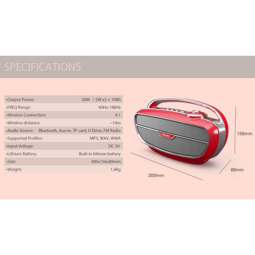 SHABA Retro Style Wireless Stereo Speaker - Red