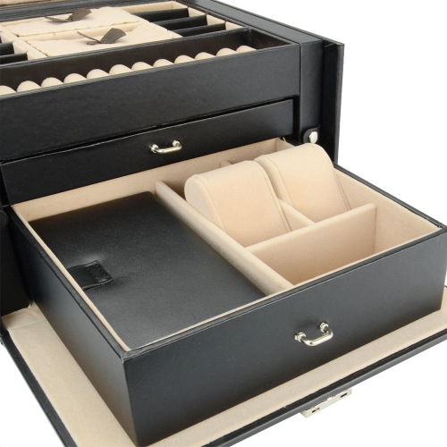 SortWise 3 Layers Lockable Jewelry Boxes 20 Compartments Leather Showcase Storage Organizer Case