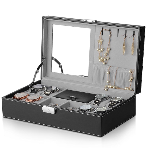 Sortwise Black Leather Watch Box Jewelry Organizer Storage Case Jewelry Organizer Storage Case