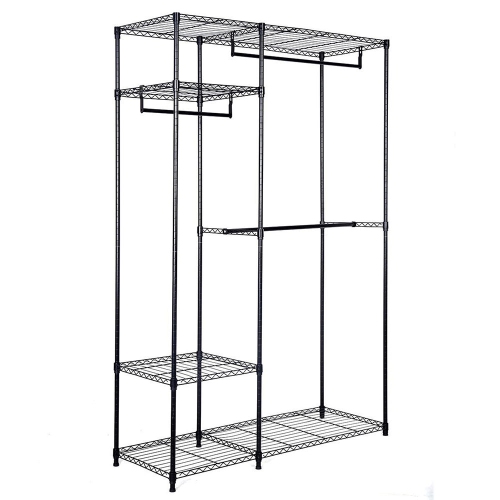 Freestanding Metal Hanging Storage Organizer Rack Wardrobe with Shelves, 3 Hanging Rod Adjustable Utility Closet Organizer Garment Rack