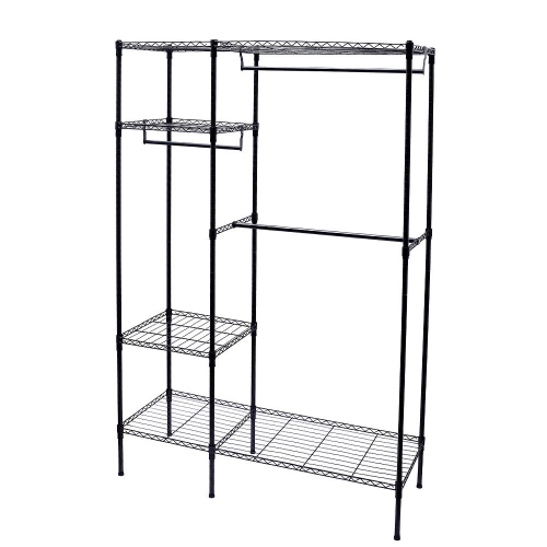 Freestanding Metal Hanging Storage Organizer Rack Wardrobe with Shelves, 3 Hanging Rod Adjustable Utility Closet Organizer Garment Rack