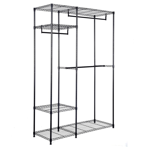 Freestanding Metal Hanging Storage Organizer Rack Wardrobe with Shelves, 3 Hanging Rod Adjustable Utility Closet Organizer Garment Rack
