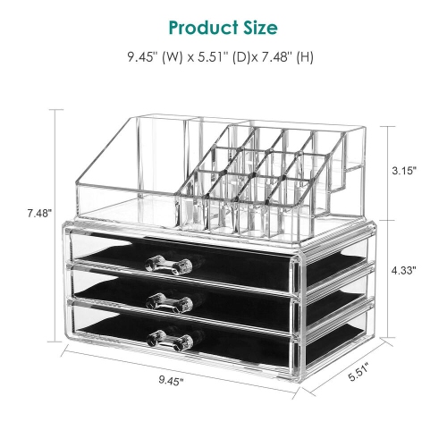 DIY Detachable 3 Drawers Acrylic Cosmetic Makeup Organizer，Clear Storage Container Box Case （9.4" X 7.5", 2 Pieces Set）
