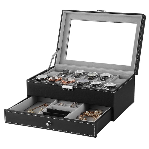Boîtes à bijoux à 2 niveaux 12 grilles pour hommes et femmes Boîte de montre en cuir verrouillable avec dessus en verre, noir - SortWise