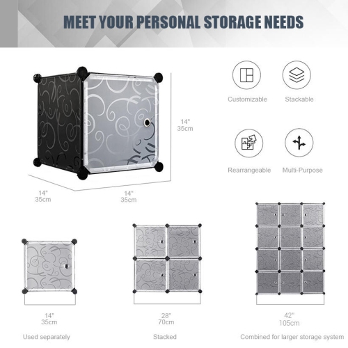 SortWise Cube Storage Organizer, 12 Plastic Cubes with Doors, Stackable Shelving Units for Organization, Black, 14x14x14 Inches/Each Cubes