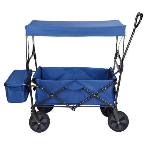Blue Collapsible Canopy Folding Wagon Utility Cart ,Rubber Tire Outdoor Garden Shopping Toy Cart with Canopy