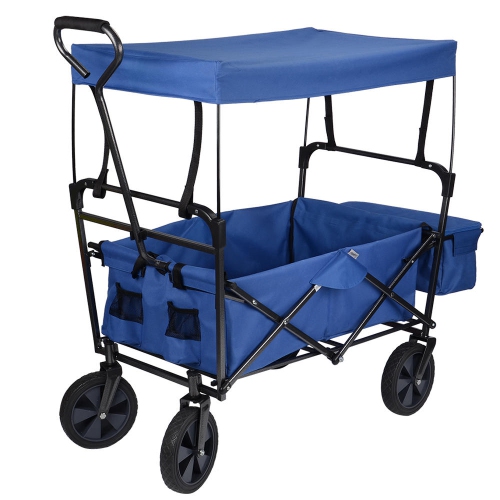 Blue Collapsible Canopy Folding Wagon Utility Cart ,Rubber Tire Outdoor Garden Shopping Toy Cart with Canopy
