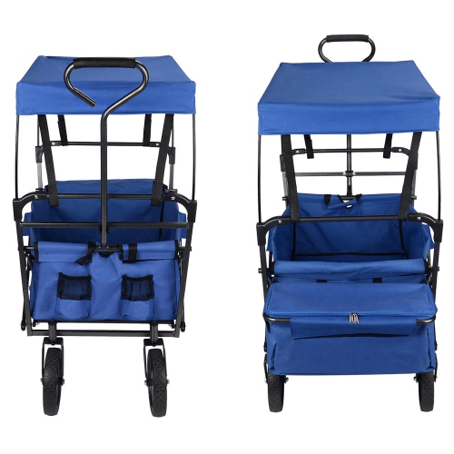 Blue Collapsible Canopy Folding Wagon Utility Cart ,Rubber Tire Outdoor Garden Shopping Toy Cart with Canopy