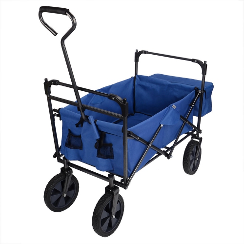 Blue Collapsible Canopy Folding Wagon Utility Cart ,Rubber Tire Outdoor Garden Shopping Toy Cart with Canopy