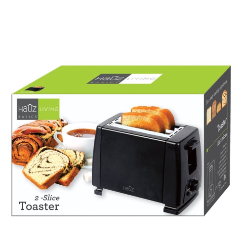 Hauz ATS936 - 2 Slice Toaster, Wide Slot, Crumb Tray, 750 Watts, Black