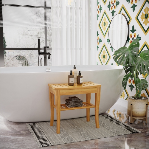 HOMCOM 20" Bamboo Shower Bench Bathroom Stool Spa Bath Seat Organizer Storage Shelf