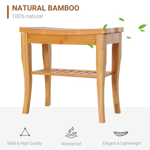 HOMCOM 20" Bamboo Shower Bench Bathroom Stool Spa Bath Seat Organizer Storage Shelf