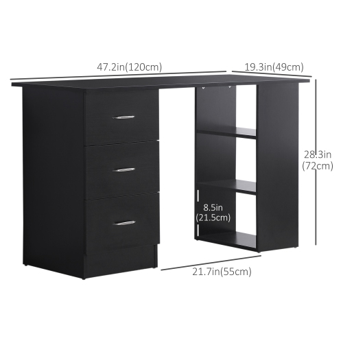 HOMCOM Computer Desk with 3-Tier Storage Shelves, 47 Inches Home Office Desk with Drawers, Study Writing Table, Black