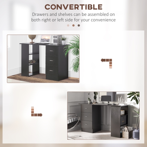 HOMCOM Computer Desk with 3-Tier Storage Shelves, 47 Inches Home Office Desk with Drawers, Study Writing Table, Black