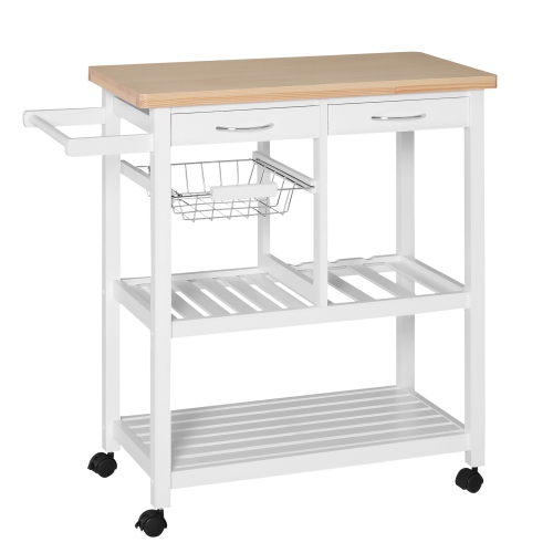 Chariot de service desserte de cuisine à roulettes multi-rangements 85L x 37l x 85H cm plateau bois massif pin châssis MDF blanc