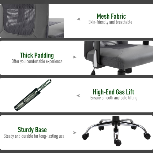 Vinsetto Chaise de Bureau à Dossier Haut en Maille Ergonomique Siège de Bureau d'Ordinateur Épais Rembourré Appui-Tête avec Accoudoir Bureau Gris