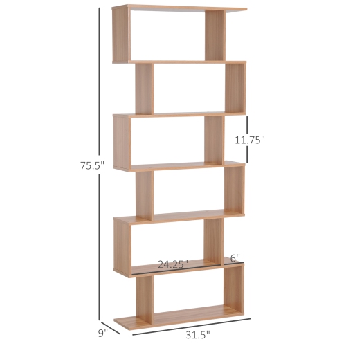 HOMCOM 76" 6-Tier Geometric Wooden Bookcase S Shaped Storage Display Bookshelf Modern shelf Open Concept Living Room Home Office Furniture, Maple