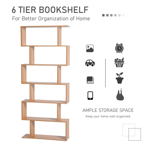 HOMCOM 76" 6-Tier Geometric Wooden Bookcase S Shaped Storage Display Bookshelf Modern shelf Open Concept Living Room Home Office Furniture, Maple