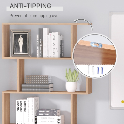 HOMCOM 76" 6-Tier Geometric Wooden Bookcase S Shaped Storage Display Bookshelf Modern shelf Open Concept Living Room Home Office Furniture, Maple