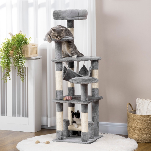 PawHut Cat Tree, 52" Multi-Level Cat Tower with Hammock, Cat Bed, Sisal Scratching Posts, Grey