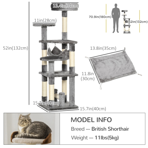 PawHut Cat Tree, 52" Multi-Level Cat Tower with Hammock, Cat Bed, Sisal Scratching Posts, Grey