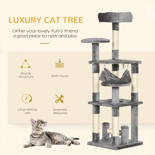 PawHut Cat Tree, 52" Multi-Level Cat Tower with Hammock, Cat Bed, Sisal Scratching Posts, Grey