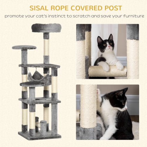 PawHut Cat Tree, 52" Multi-Level Cat Tower with Hammock, Cat Bed, Sisal Scratching Posts, Grey