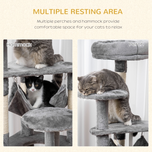 PawHut Cat Tree, 52" Multi-Level Cat Tower with Hammock, Cat Bed, Sisal Scratching Posts, Grey
