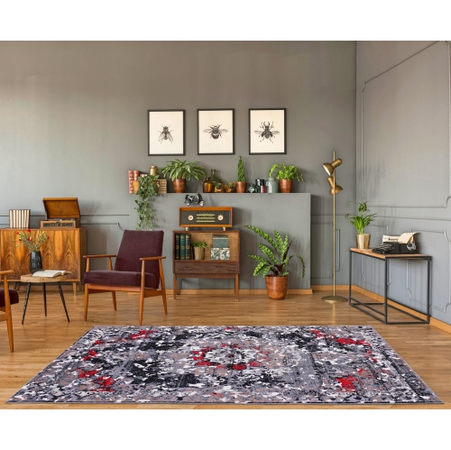 Grayton Traditional Gray Red Area Rug 3'9" x 5'5"