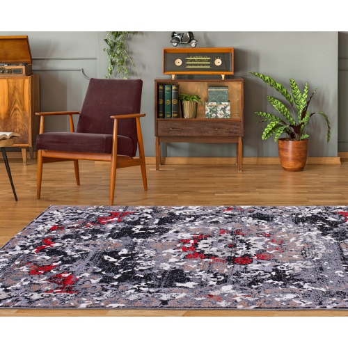 Grayton Traditional Gray Red Area Rug 3'9" x 5'5"