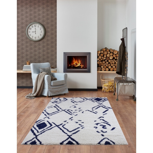 Kenitra Shaggy White Dark Blue Area Rug 5'2" x 7'5"