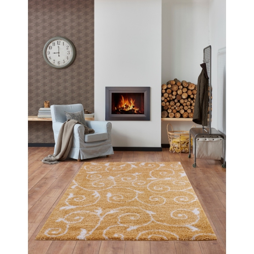 Rabat Shaggy Dark Yellow White Spirals Area Rug 6'5" x 9'5"