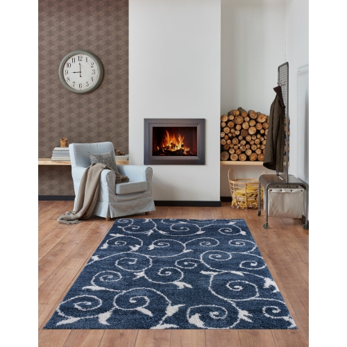 Rabat Shaggy Blue White Spirals Area Rug 3'11" x 5'7"