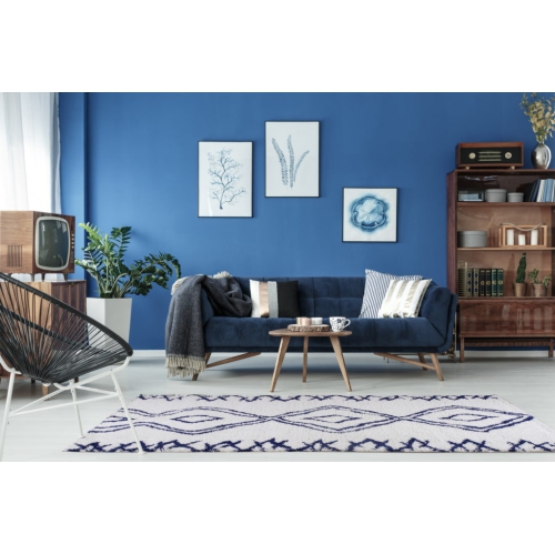 Casablanca Shaggy White Dark Blue Area Rug 3'11" x 5'7"