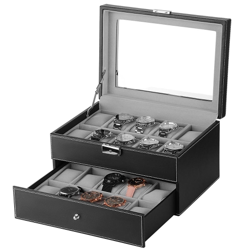 2 Tier 20 Girds Jewelry Case Organizer Lockable Watch Leather Box Jewelry Storage Organizer ,Grey-SortWise