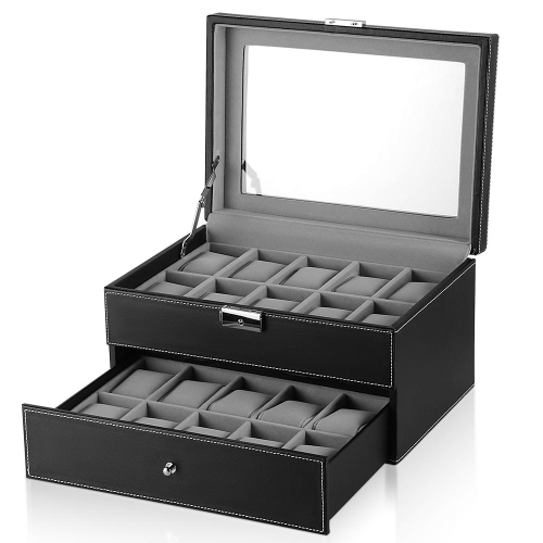 2 niveau 20 Girds coffret à bijoux Organisateur de montre verrouillable Boîte à bijoux rangement en cuir ,Gris-SortWise